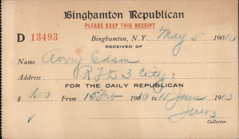 Binghamton Republican Newspaper Subscription Receipt 1910