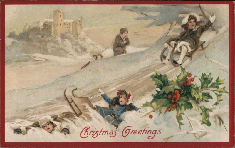 Children Sledding Down Snowy Hill with Castle and Holly, Christmas Greetings