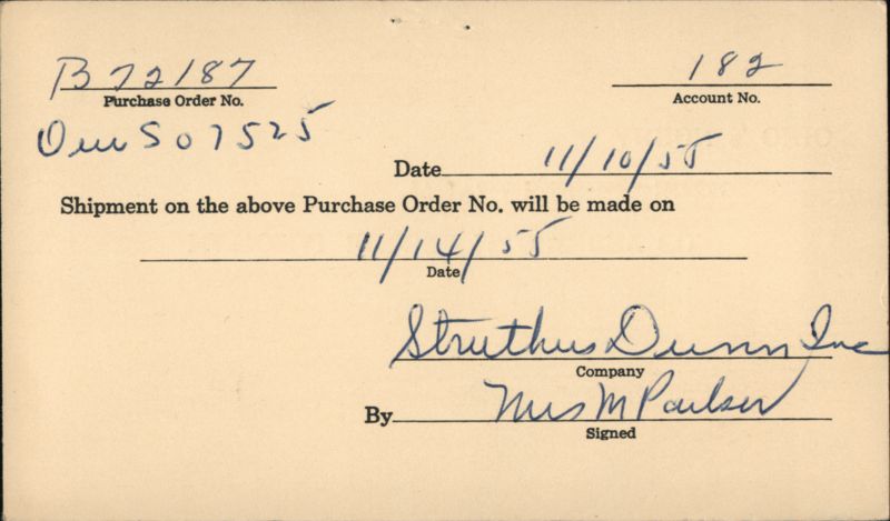 Struthers Dunn Inc. Purchase Order Reply Card to National Rubber Machinery Co.