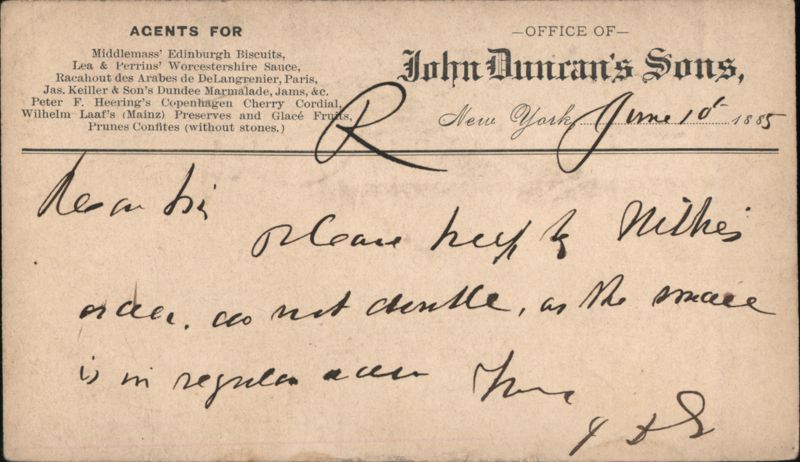 John Duncan's Sons Agents for Food Products, New York, 1885