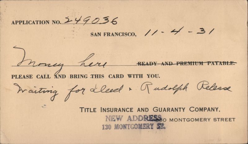 Title Insurance and Guaranty Company Notice 1931 Postal Cards & Correspondence