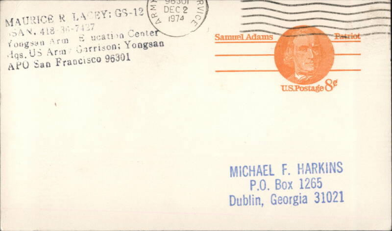 1974 US Army Yongsan, Korea to Dublin, GA Envelope with Samuel Adams Stamp