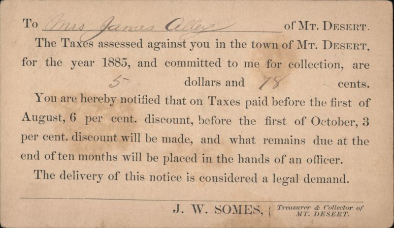 1885 Mt. Desert ME Tax Notice to Mrs. James Alley Postal Cards & Correspondence