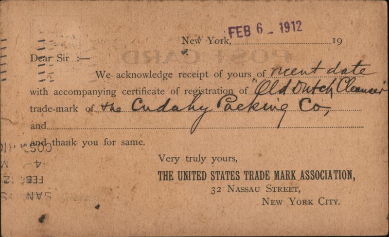 Acknowledgment of Old Dutch Cleanser Trademark Registration, 1912