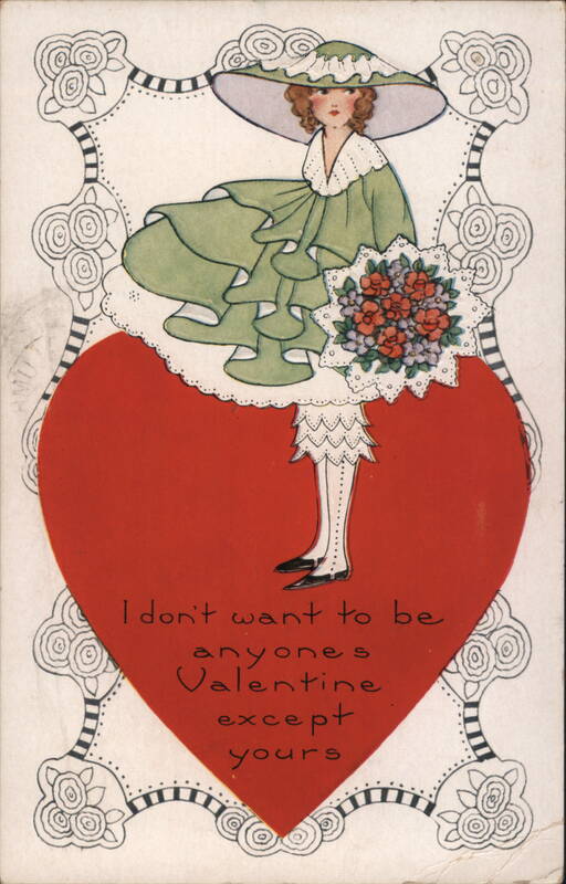 Woman in Green Dress with Red Heart and Valentine's Message