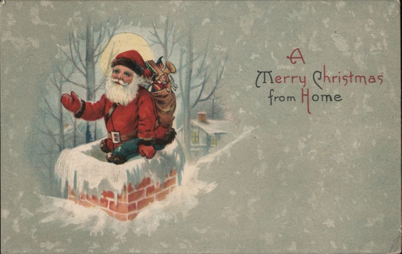 Santa Claus in Chimney with Toys, 'A Merry Christmas from Home'
