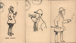 Set of 3: British Style Fox Hunt Man Hand Drawn Postcard