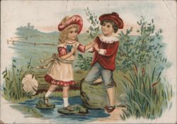 Boy and Girl Crossing Stream Hand in Hand, Pastoral Scene Trade Card
