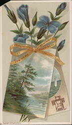 New Home Sewing Machine Co. Advertisement with Blue Flowers & Landscape Trade Card
