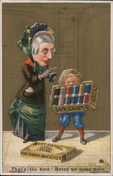 Caricature of Woman and Boy with J. & P. Coats' Thread Advertising Trade Card