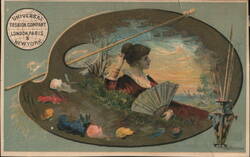 Woman with Fan in Artist's Palette, Universal Fashion Company Trade Card