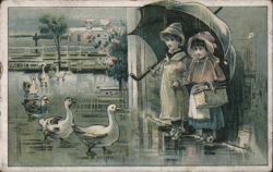 Two Girls with Umbrella and Ducks on a Rainy Day Trade Card