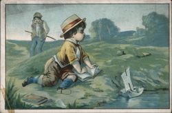 Boy Launching Paper Boat in Stream with Another Boy in Background Trade Card