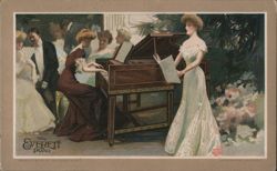 Elegant Women Playing and Listening to Everett Piano Trade Card