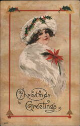 Woman in Fur Hat with Holly and Poinsettia Postcard