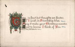 Christmas Greeting with Ornate Initial C and Holly Design Postcard