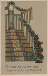 Christmas Greetings Grandfather Clock Decorated Staircase Postcard