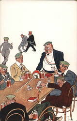 Comic Caricature of Men Drinking at Table, Spilling Beer Postcard