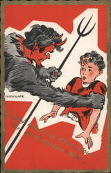 Krampus Grabbing Scared Boy with Trident, Artist Signed Postcard