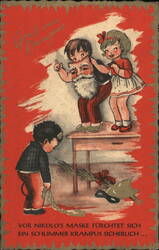 Humorous Krampus: Bad Krampus Afraid of Nikolo's Mask, Children Play Postcard