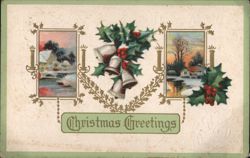 Christmas Greetings with Bells, Holly, and Snowy Winter Scenes Postcard