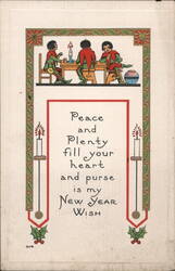 New Year's Wish with Elves at Table, Peace and Plenty Greeting Postcard
