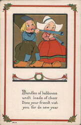 Dutch Children in Traditional Costumes Playing Horns, New Year's Greeting Postcard