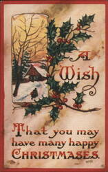 Christmas Greeting with Holly and Winter Scene Postcard