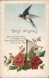 Best Wishes with Flying Swallow, Harp, and Red Roses Postcard