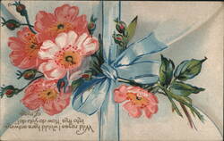 Wild Roses Bouquet with Blue Ribbon and Poetic Greeting Postcard