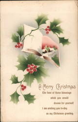 A Merry Christmas Holly & Berries with Village Scene in Open Book Postcard