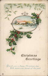 Christmas Greetings with Holly and Winter Village Scene Postcard
