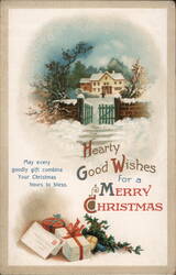 Snowy House with Gifts and Holly, Merry Christmas Greeting Postcard