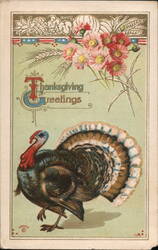Thanksgiving Greetings Turkey with Flowers and Patriotic Banner Postcard