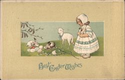 Girl with Bunnies, Lamb, and Easter Eggs, Best Easter Wishes Postcard