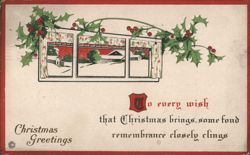 Christmas Greetings with Holly & Snowy Window Scene Postcard