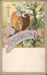 Easter Greeting with Praying Woman, Cross, and White Lilies Postcard