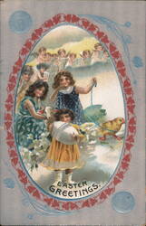 Easter Greetings with Girls, Lamb, Chick, Angels, and Large Egg Postcard