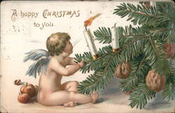 Christmas Cherub Lighting Candles on Tree Postcard