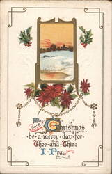 Christmas Greeting Card with Winter Scene, Holly, and Poinsettias Postcard