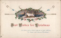 Christmas Snowy House Scene with Holly and Berries Postcard