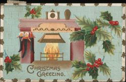 Christmas Greeting Fireplace Scene with Hanging Stockings and Holly Postcard