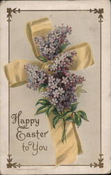 Happy Easter to You with Ribbon Cross and Lilac Flowers Postcard