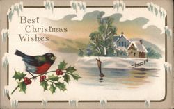 Christmas Bird on Holly Branch, Snowy Village with Church and Pond Postcard