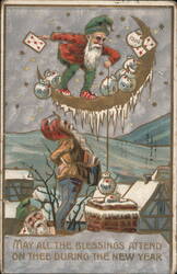 New Year's Gnomes on Crescent Moon Delivering 1000 Blessings Postcard