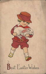 Boy in Red Outfit with White Rabbit, Best Easter Wishes Postcard