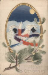 Embossed Winter Church Scene with Mistletoe and Moon - Merry Christmas Postcard