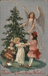Angel and Children Decorating Christmas Tree, Best Christmas Wishes Postcard