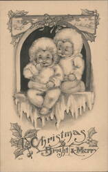 Christmas Bright & Merry with Snow Babies in Icy Window Postcard