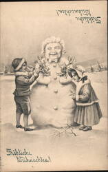 Children Decorating Snowman with Human Face, Fröhliche Weihnachten! Postcard